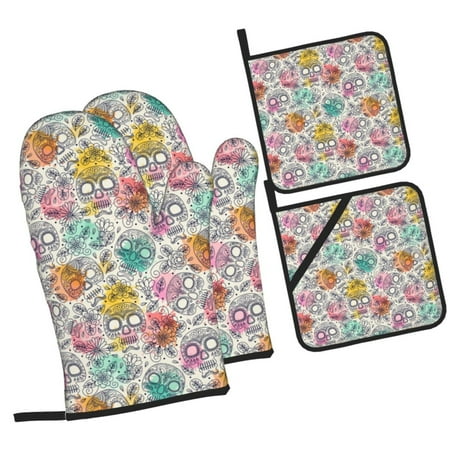 

Zufioo Skull and Flowers Oven Mitts and Pot Holders 4pcs Set Kitchen Oven Glove High Heat Resistant 500 Degree Extra Long Oven Mitts for Kitchen Baking Cooking