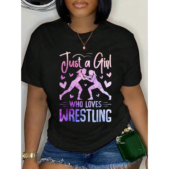 100% Cotton Just a Girl Who Loves Wrestling Submission Mat Sport T-Shirt Women's Graphic Tee Casual Tops
