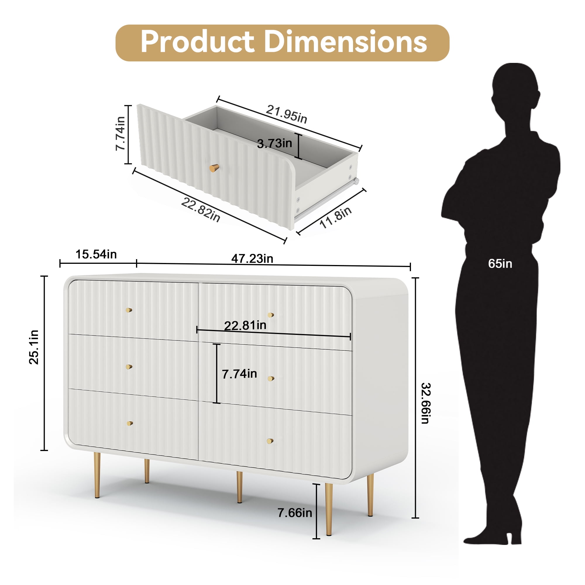 HLR 6 Drawers Dresser for Bedroom, 54'' W Modern Fluted Storage Chest of Drawers for Hallway, White