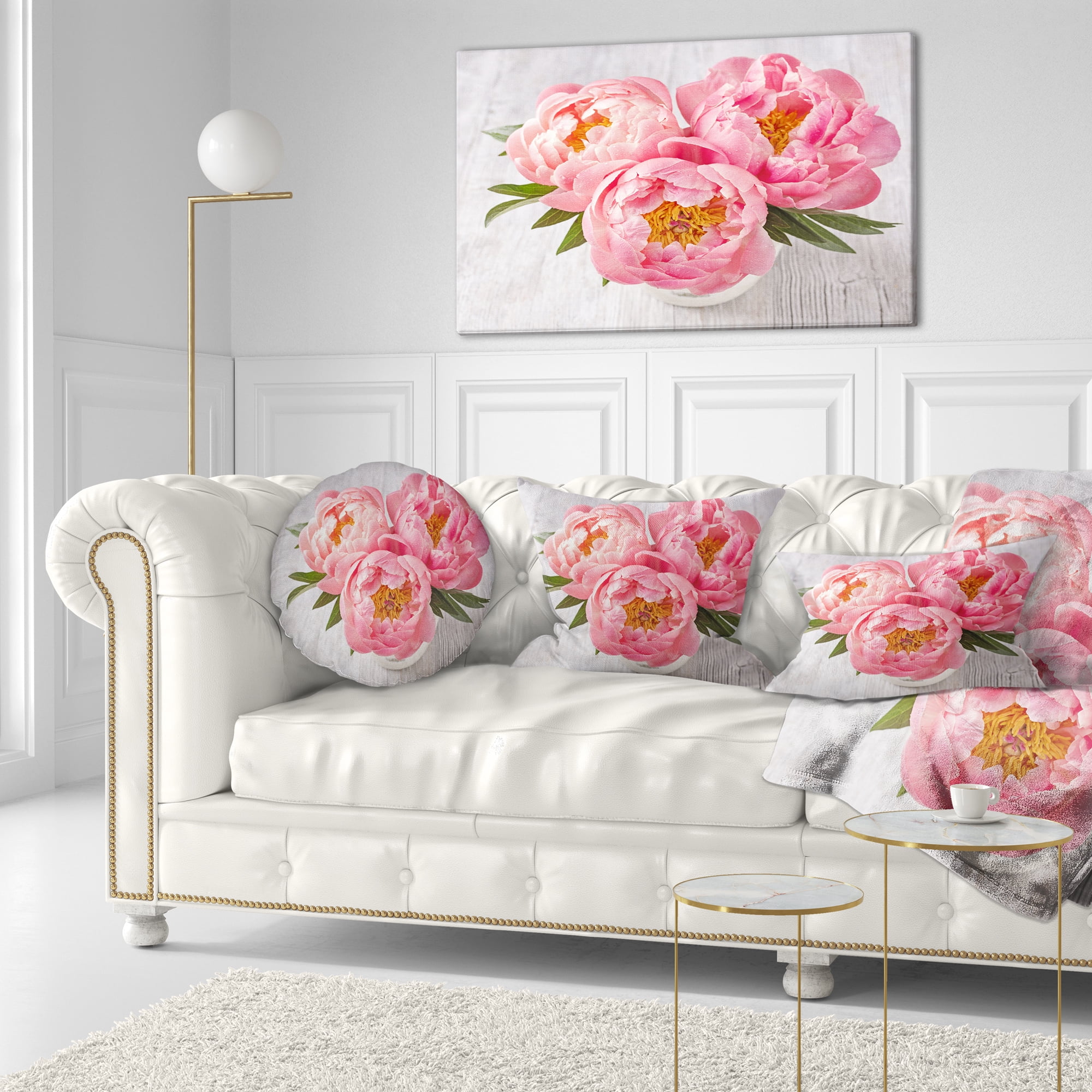 Designart Peony Flowers on White Floor - Floral Throw Pillow - 12x20