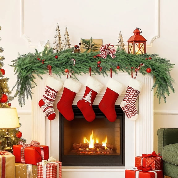 2 Pcs 6ft Artificial Pine Garlands - Real Touch Pine Garland Set | Plastic Norfolk Pine Garland with Hanging Loops | Winter Pine Greenery Christmas Decoration for Mantel, Doorway, Wall Decor