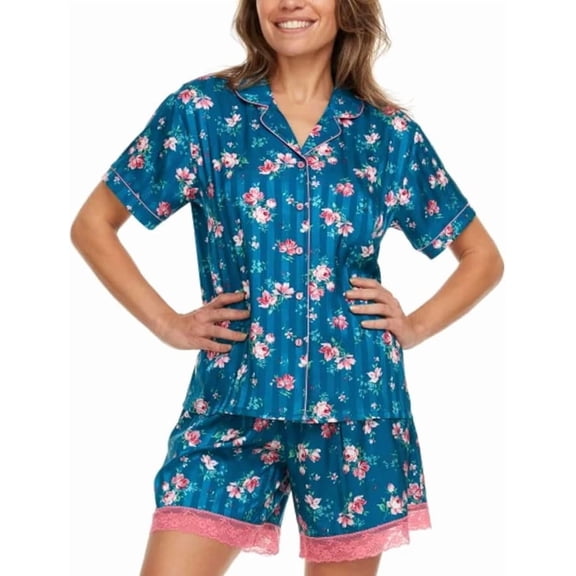 Flora Nikrooz Women's 2 Piece Relaxed Fit Soft Satin Notch Collar Pajama Set, Blue, Large