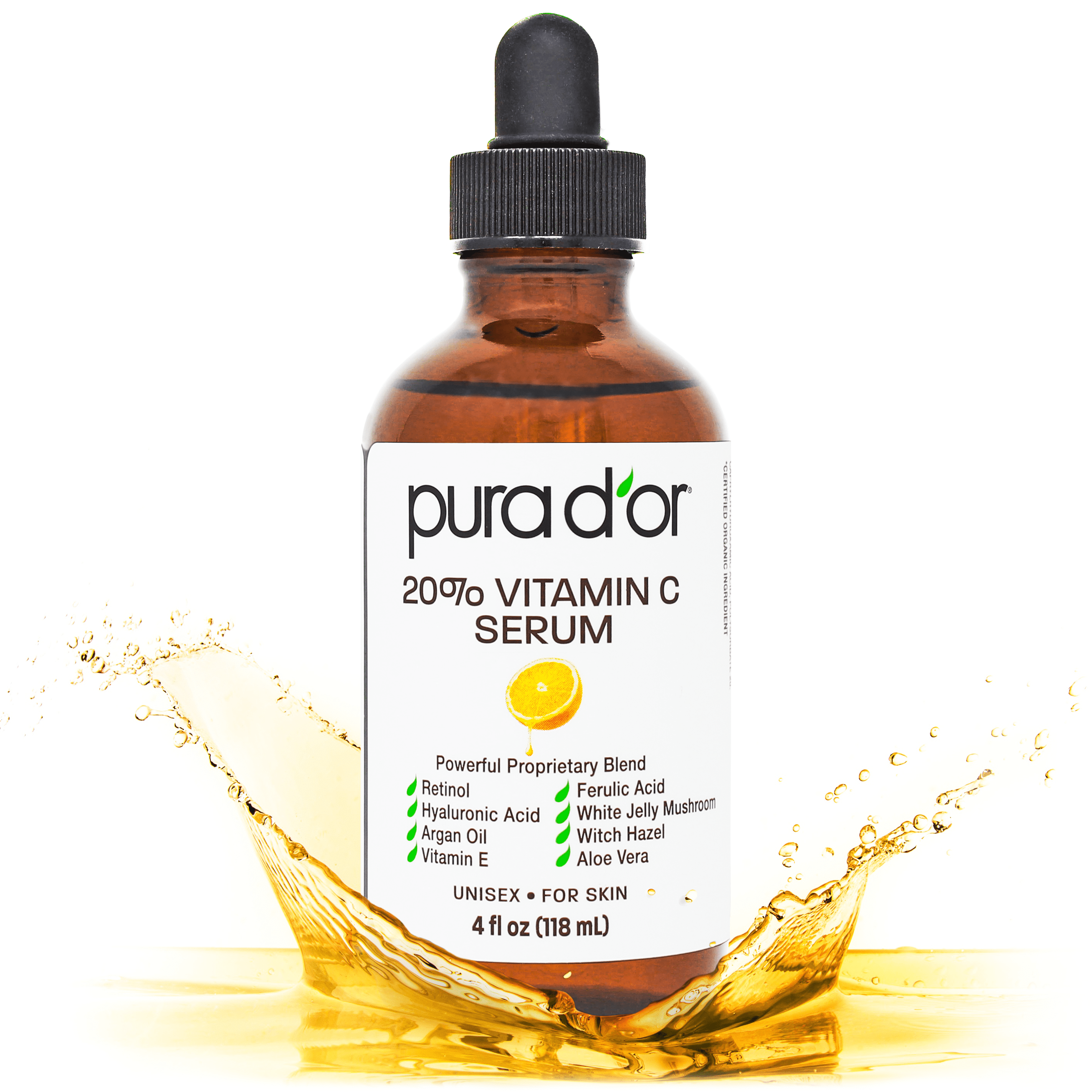 PURA D'OR 20% Vitamin C Serum for Face, Hyaluronic Acid, 4 fl oz