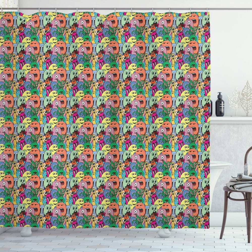 Crazy Shower Curtain, Composition of Cartoon Style Monsters Nursery