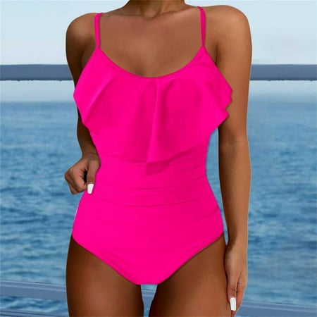 Ovticza Women s One Piece Bathing Suit Ruffle Scoop Neck Adjustable Straps Tummy Control Slimming Swimsuit Cheeky Hot Pink S