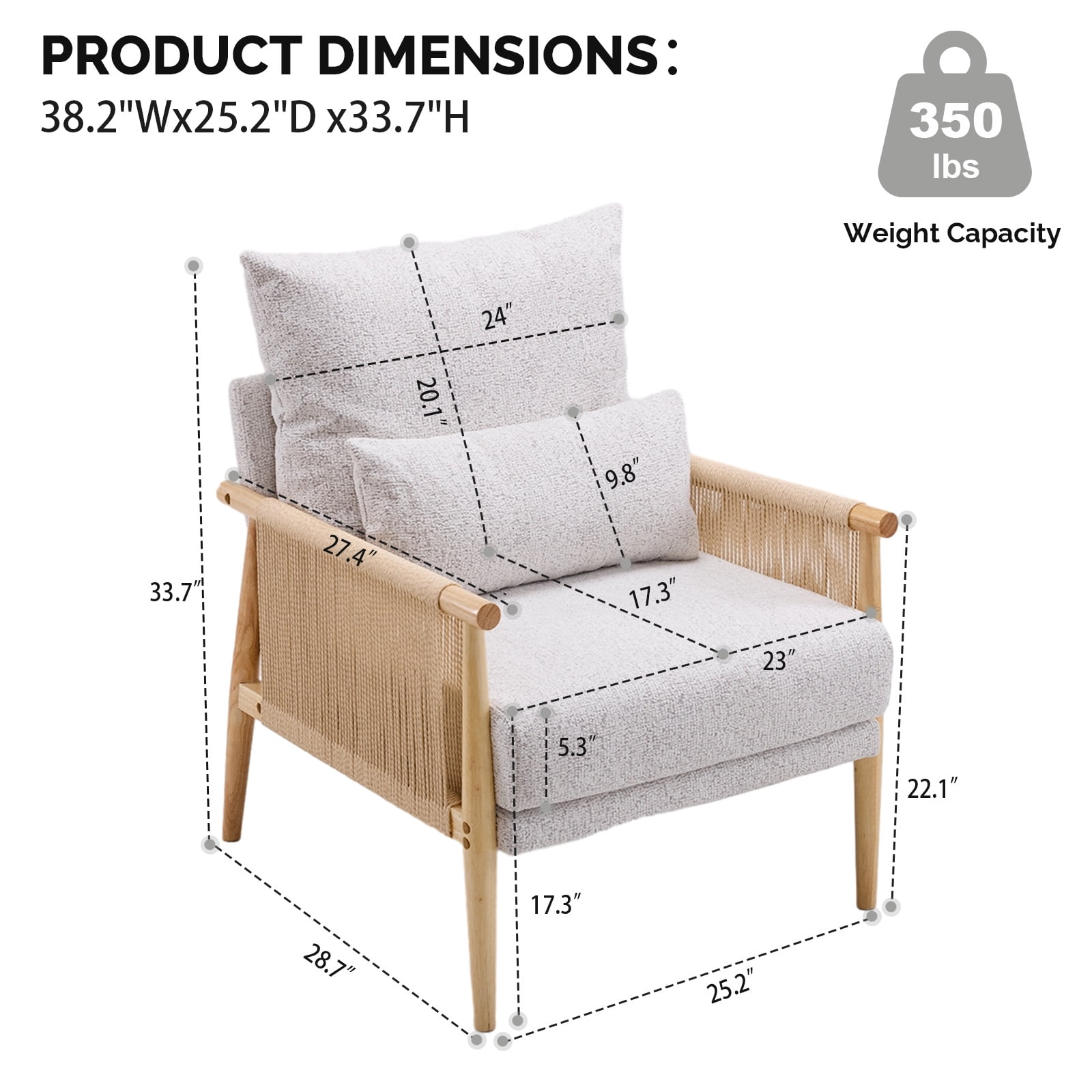 Ktaxon Accent Chair, Solid Wood and Jute Rope Armrests Armchair, Single sofa with Lumbar Pillow for Living Room Bedroom Office Light Gray