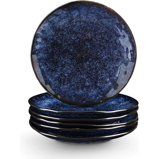 TEMOGU-Ceramic Dessert Salad Plates, 8 Inch, Set of 6, Round, Microwave, Oven, and Dishwasher Safe, Scratch Resistant, Porcelain Fluted Suitable for Snacks, Appetizer, Home, Restaurant (Blue)