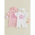 thumbnail image 3 of BemeyourBBs Preemie Baby Girl Summer Clothes Baby Girl Newborn Hospital Going Home Outfits Waffled Romper I'm New Here Letter Bow Embroidery Short Sleeve Jumpsuit and Headband Set, 3 of 9
