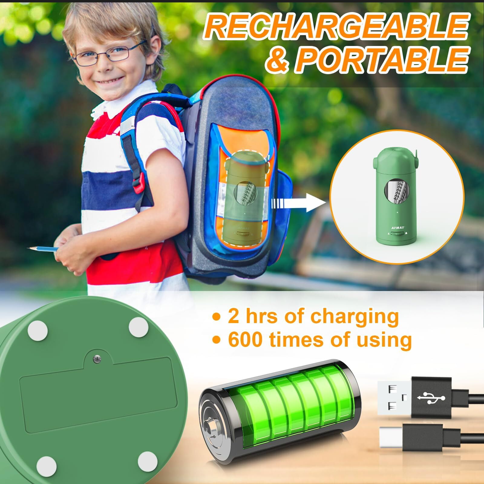 AFMAT Electric Pencil Sharpener, Fully Automatic Pencil Sharpener for Colored Pencils 7-11.5mm, Auto in & Out, Rechargeable Hands-Free Pencil Sharpener for Large Pencils, Green