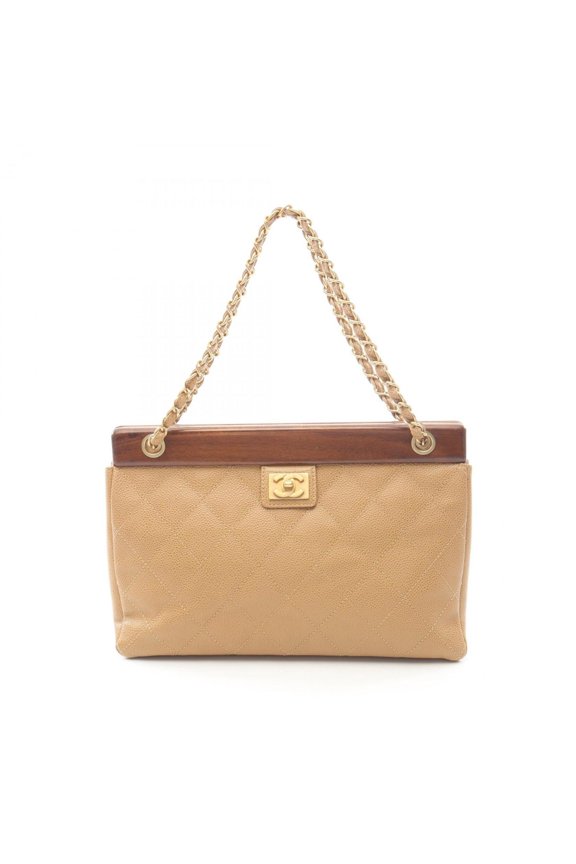 Pre-Owned CHANEL Matelasse Handbag in Calfskin Leather and Wood, Women's, Beige Brown