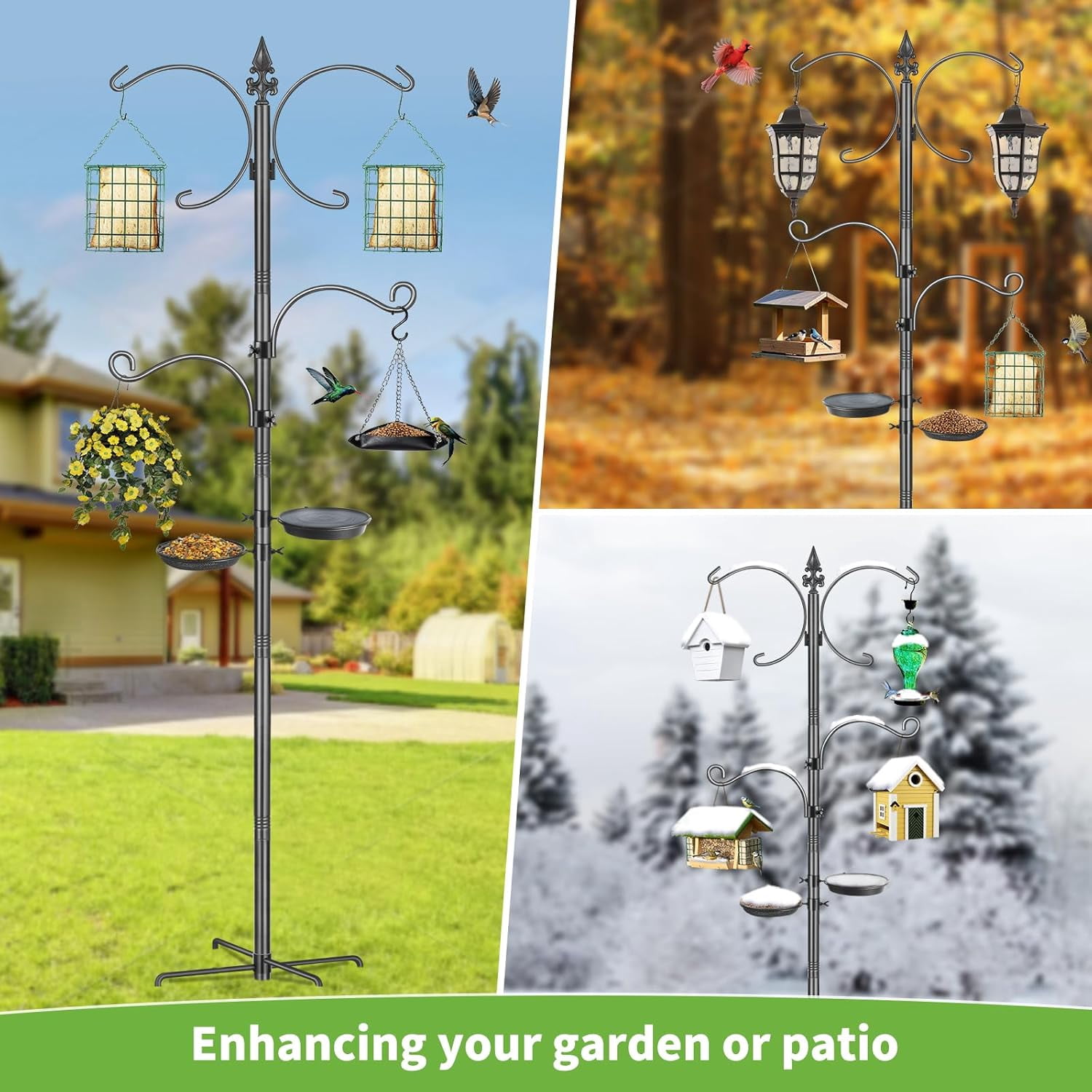 KOLAKO Bird Feeder Pole, 76 inch Bird Feeding Station, Heavy Duty Shepherd Hooks with Birds Bath, Mesh Tray for Outdoors Hanging