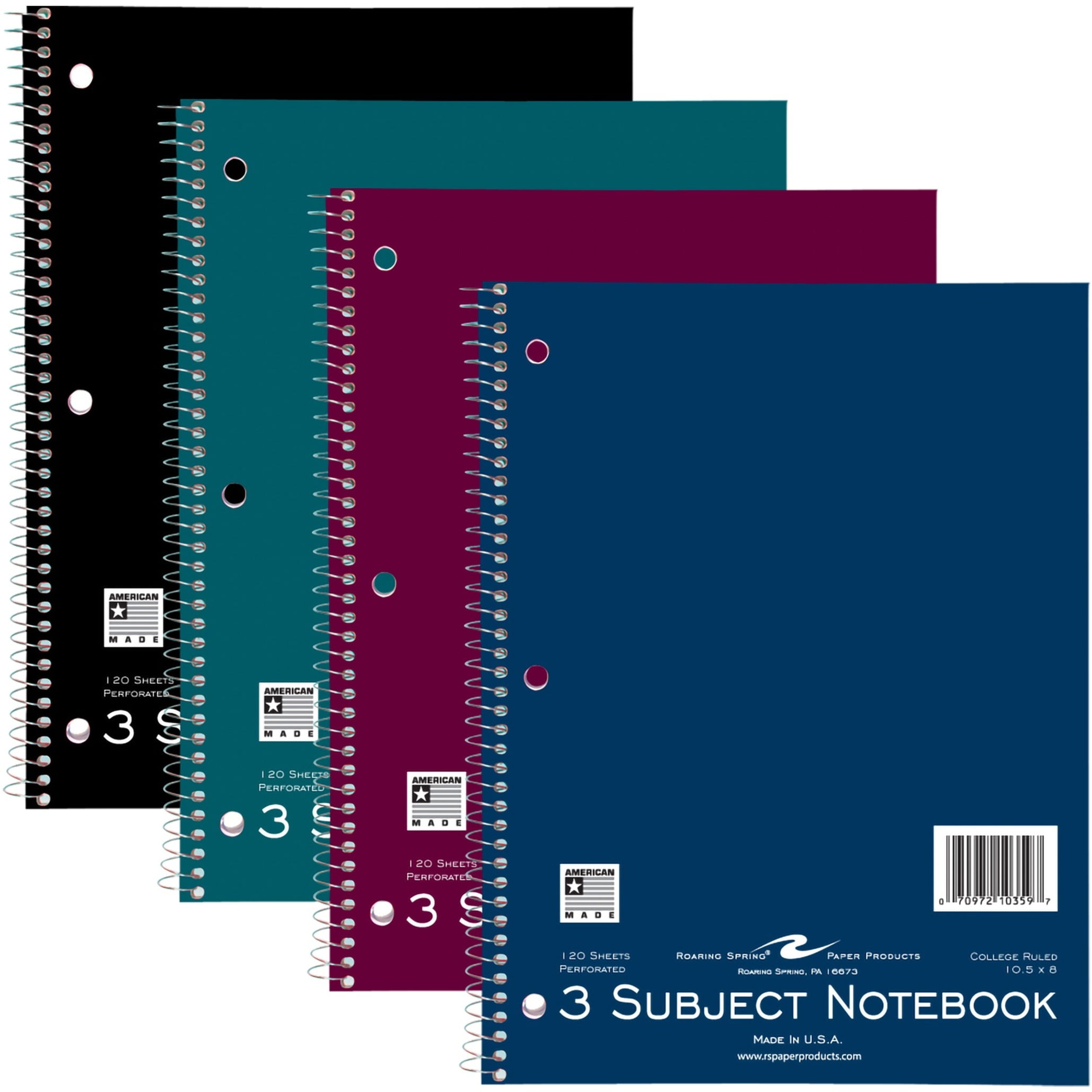 Roaring Spring College Ruled Three Subject Spiral Notebook, 3 Hole Punched, 1 Case (24 Total), 10.5" x 8" 120 Sheets, Assorted Jewel Tone Colors