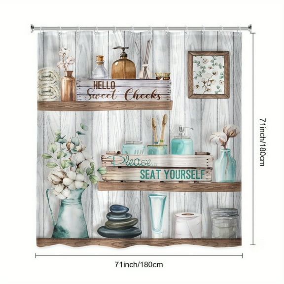 Farmhouse Shower Curtain Set, Country Teal Flowers Floral Leaves Wood Board Plant Decor Waterproof Shower Curtain With 12 Hooks, Non-slip Bathroom Floor Mat, Toilet U-Shaped Mat, Cover Mat