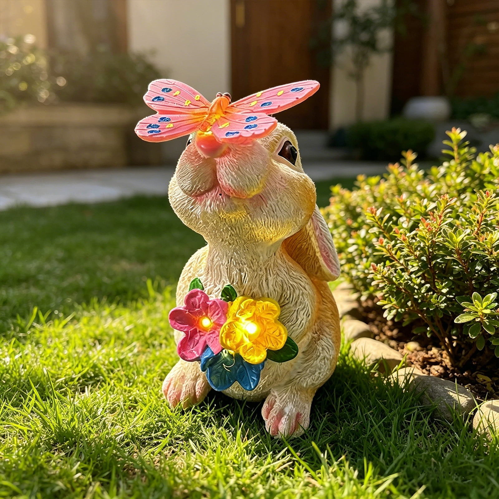 wutoase Bunny Garden Statue, Resin Rabbit Figurine with Butterfly, Waterproof Yard Art for Patio Balcony Lawn House