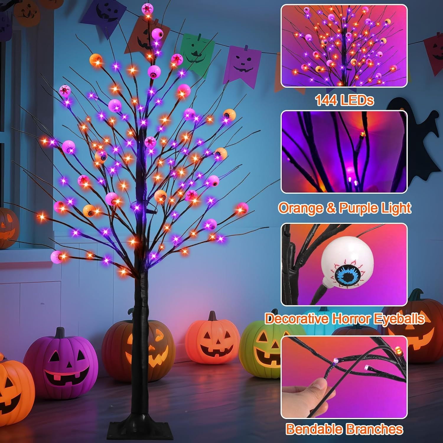 6FT Halloween Decorations Spooky Tree Lights, Large Black Trees with 144 Orange & Purple LEDs, Light up Artificial Tree with Time Function for Outdoor Indoor Home Party Decor