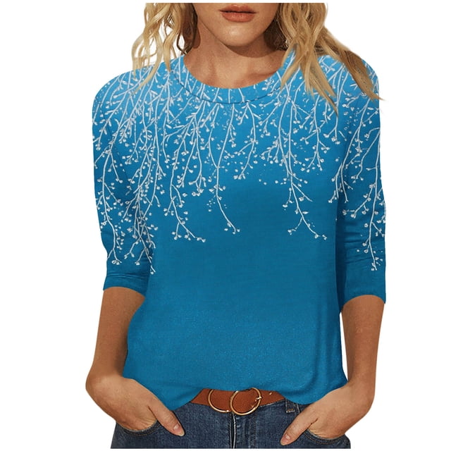 Staron Liquidation Hauts d'Été Amples pour Femmes Manches 3/4 Col Rond T-Shirt Basique d'Été Ample T-Shirts Imprimé Floral Blouses