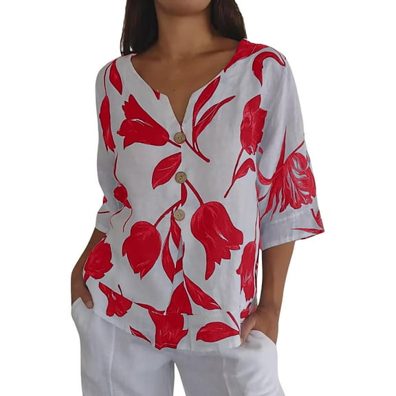Womens Tops Womens Cotton Linen Tshirt Tops Summer Casual Loose Fit Blouse Tunic Floral Print Button V Neck Short Sleeve Tops