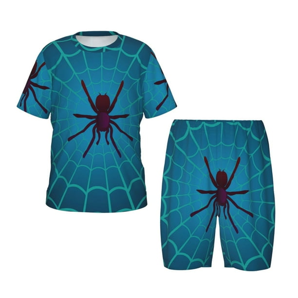 Fotbe Spider And Cobweb Pijama Estampada de 2 Piezas para Niños – Ropa de Dormir de Manga Corta Cómoda para Niños y Niñas, Camiseta y Shorts de Algodón-Medium