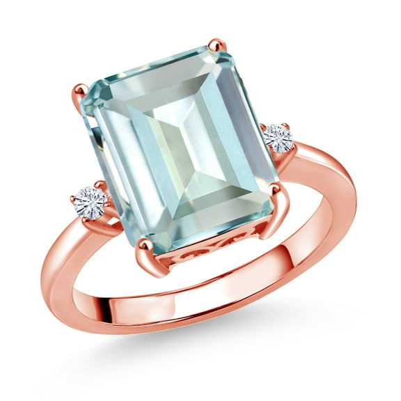 Gem Stone King 18K Rose Gold Plated Silver 12X10MM Sky Blue Simulated Aquamarine and 2MM White Moissanite 3 Stone Engagement Ring for Women | 5.49 Cttw | Gemstone March Birthstone | Size 8