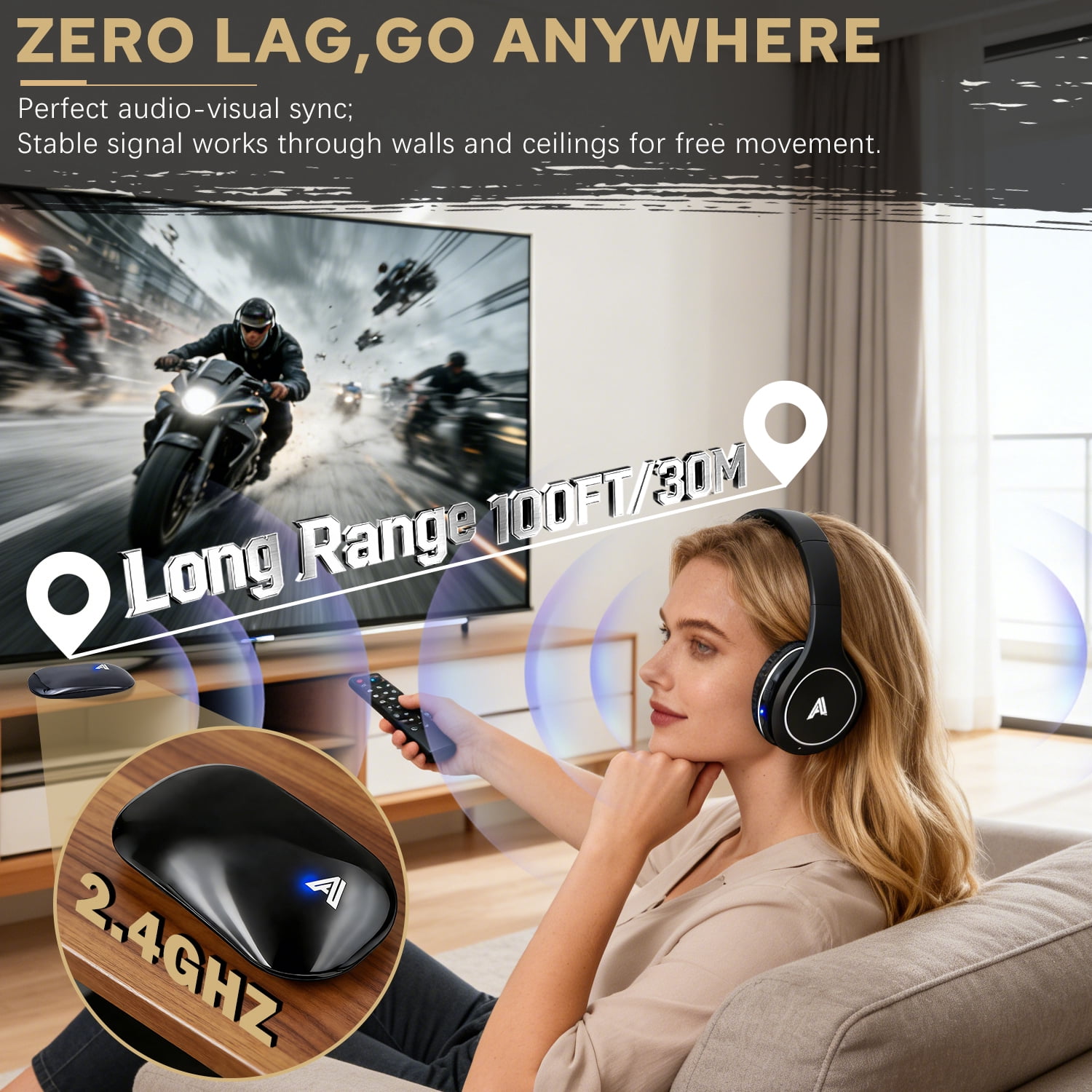Tv Headsets Wireless Tv Headphones for tv Watching with Transmitter Stereo Earphones Wired with 2.4GHz RF Transmitter Optical RCA AUX FM Radio 100ft for Seniors Watching Home TV Game Computer