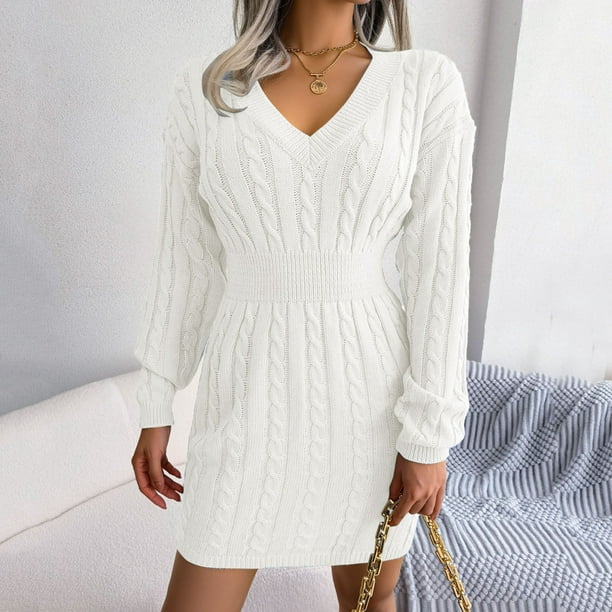 nsendm Womens Dress Adult Female Clothes 1920's Fashion for Women Women  Elegant Long Sleeve V Neck Slim Back Embroidery Party Autumn Ribbed Knitted