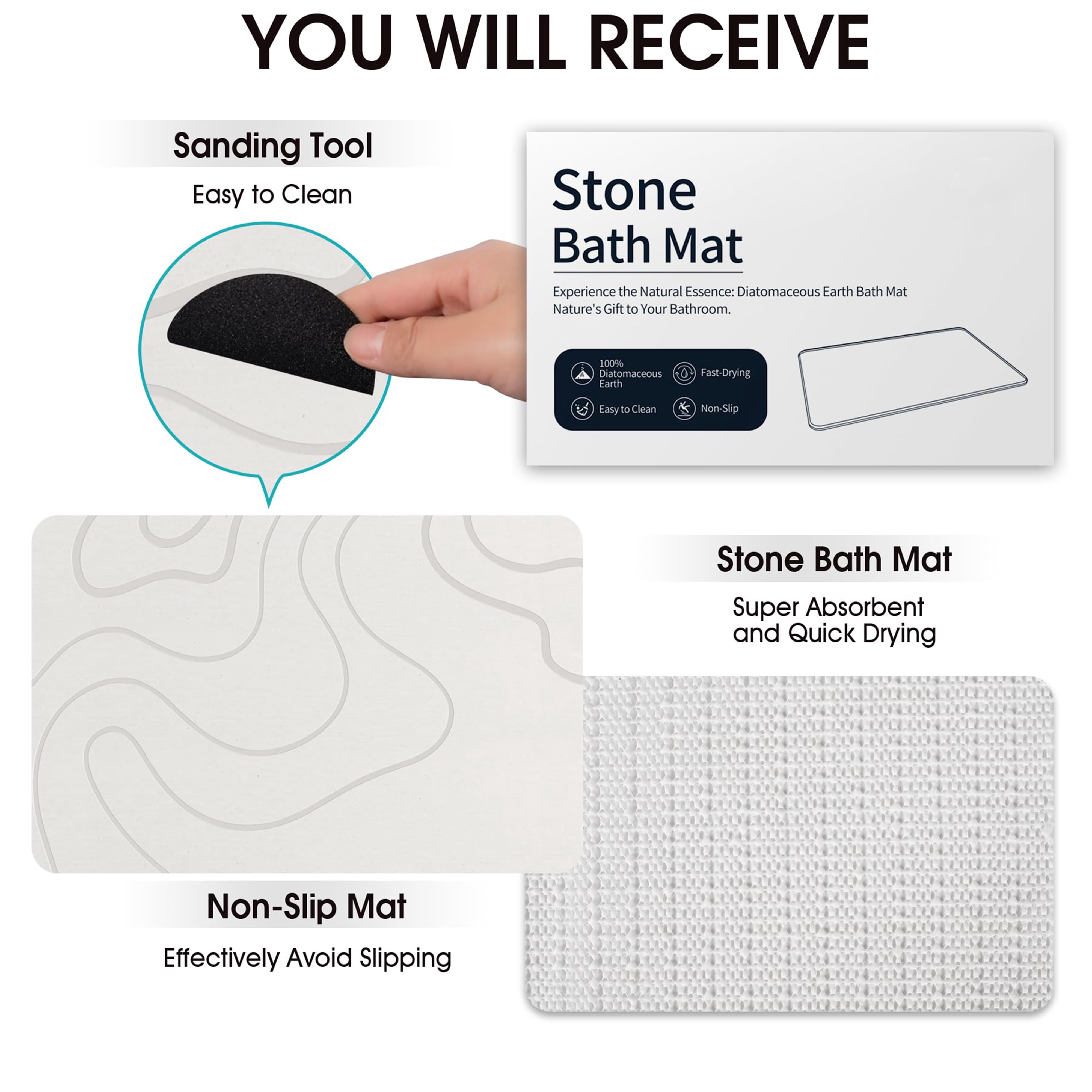 Stone Bath Mat Diatomaceous Earth Shower Mat Non-Slip Super Absorbent Diatomite Stone Mats for Bathroom Floor/Ktichen Cuonter Quick-Drying Easy to Clean (24''*16''White)