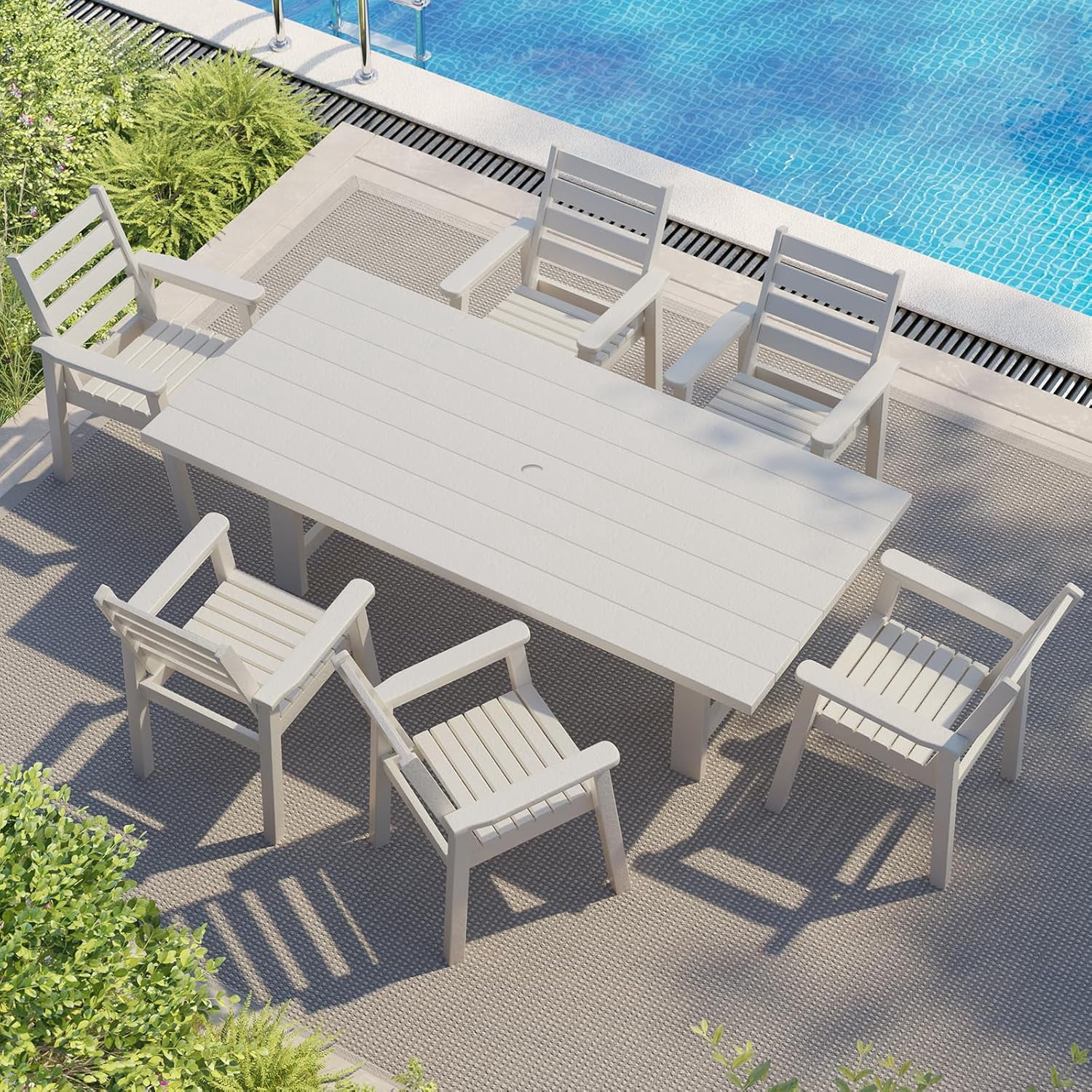 LUXOAK 7 Piece HDPE Outdoor Dining Set, 71" Table with 6 Chairs, Patio Furniture, White