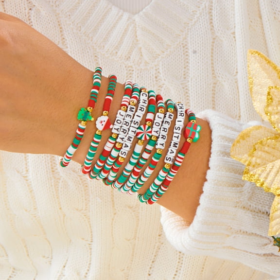 PISONIC Christmas Bracelets for Women Beaded Stretch Bracelet Holiday Charm Bracelets Jewelry Gifts Christmas Stocking Stuffers Accessories
