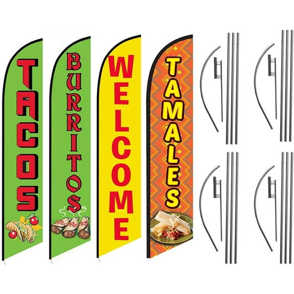 Tacos Burritos Tamales Welcome Mexican Restaurant Feather Flag Kit Package, 4 Banner Swooper Flag Kits with Flag Poles and Ground Stakes