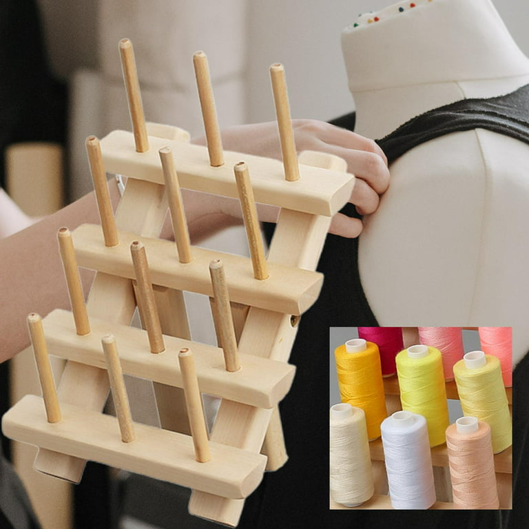 12 Spool Sewing Thread Holder ,Embroidery Storage Wood Shelf Cone Stand, Folding Wooden Thread Rack Craft Tools for Quilting,, Size: 13x14cm, Beige