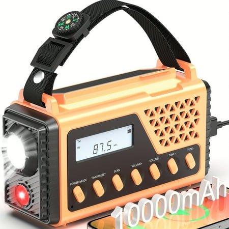 Hand Crank Emergency Weather Radio 10000mAh, NOAA/AM/FM/SW, Solar & Type-C Rechargeable, SOS Alarm, Flashlight, LED Reading Light, Compass, Waterproof for Outdoor Survival