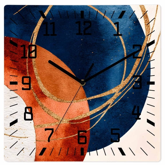 Navy Blue Burnt Orange Wooden Wall Clock Silent Non Ticking, Boho Art Modern Geometric Square Wall Clocks Battery Operated, Decor Clock for Home Office, Living Room, Kitchen, 12 Inch