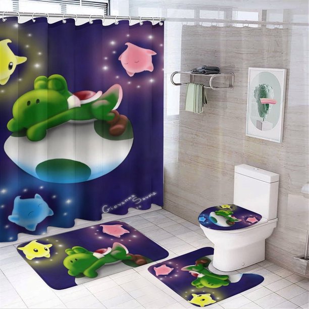Juego de 4 cortinas de ducha Yoshi con alfombrillas antideslizantes, tapa de inodoro y alfombrilla de baño, cortina de ducha impermeable con decoración de dibujos animados para baño con 12 ganchos,