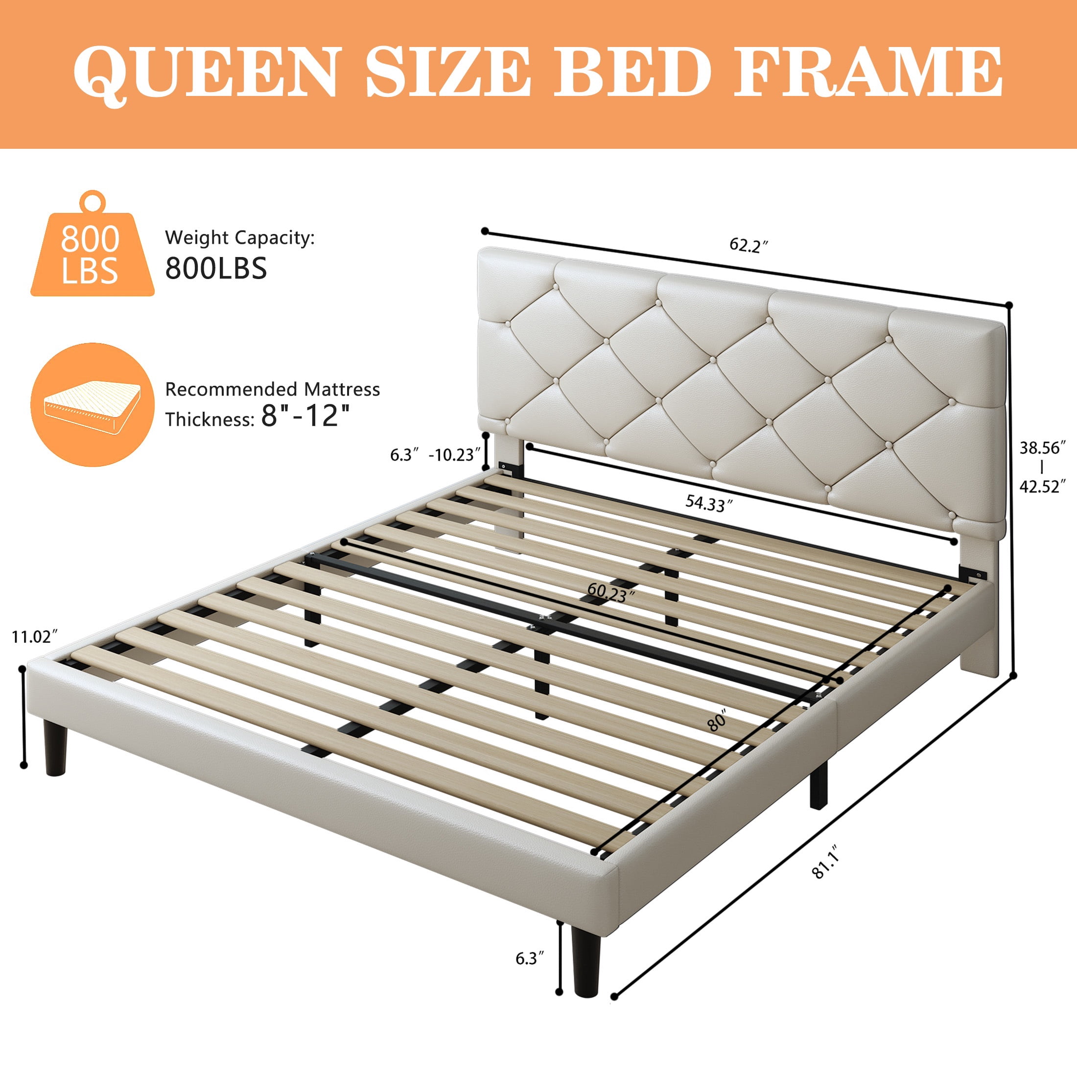 Queen Bed Frame with Upholstered Faux Leather Headboard, UHOMEPRO Platform Bed Frame with Wood Slat Support, No Box Spring Needed, Beige