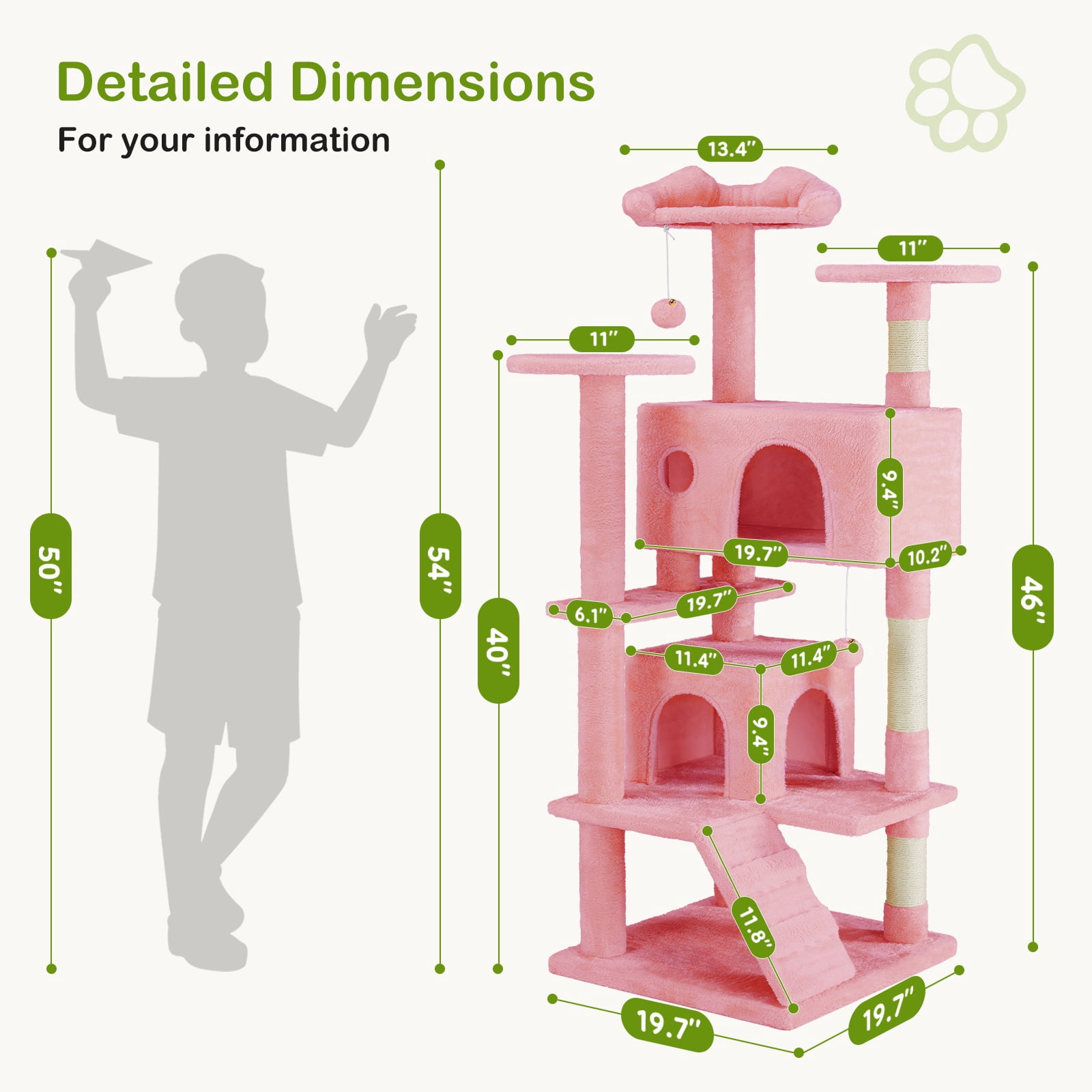 GIANNA 54" Indoor Cat Tree Tower with Multiple Levels, Sisal Scratching Post, Spacious Condo, Climbing Ramp, Kitten Toy, Pink