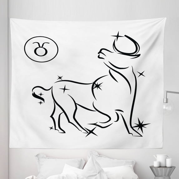 Zodiac Taurus Tapestry, Esoteric Composition with Abstract Bull Stars and Horoscope, Fabric Wall Hanging Decor for Bedroom Living Room Dorm, 5 Sizes, White and Black, by Ambesonne