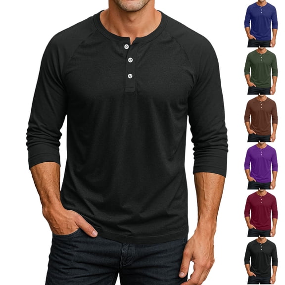 Nestiefly 3/4 Sleeve Shirt Men Summer Solid Color Henley Neck Baseball T-Shirts Casual Loose Fit Tees Baseball T-Shirt Black M