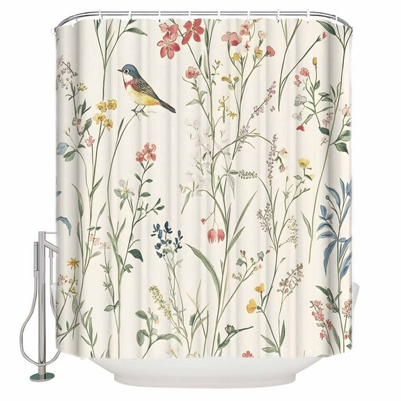 Small Stall Shower Curtain 36x72 Inch Narrow Half Size Spring Floral Bath Curtains Bathroom Decor Summer Birds Botanical Country Vintage Waterproof Fabric Shower Curtain Set with Hooks 36 Inch