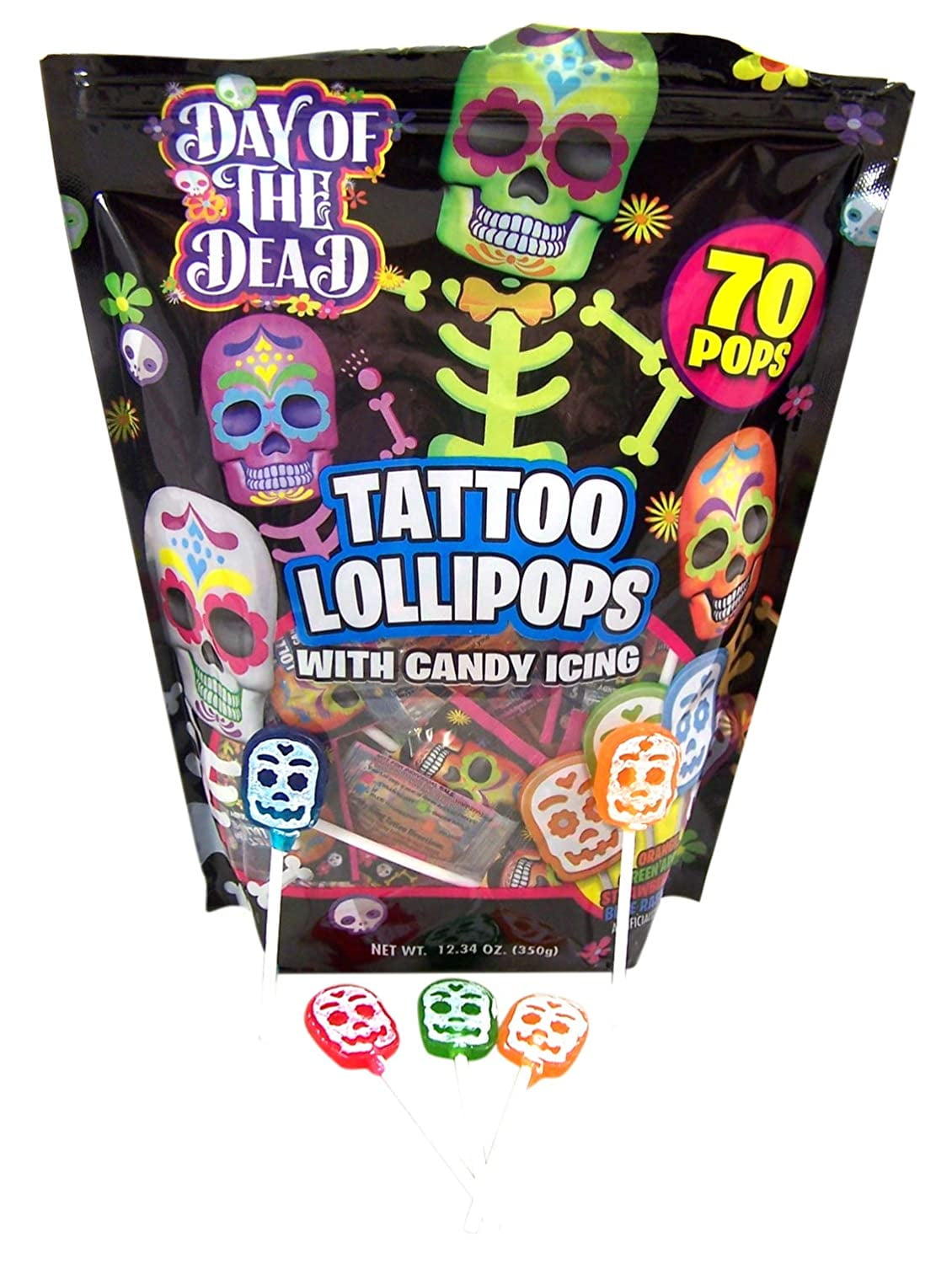 Halloween Day of the Dead Skull Icing Tattoo Lollipops, Bag of 70