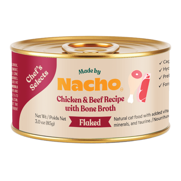 Made by Nacho Flaked Filets Recipe in Bone Broth, Grain-Free Chef's Selects Wet Food for Cats Balanced Diet in Naturally Hydrating Bone Broth, Chicken and Beef, 3oz