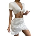 thumbnail image 3 of Liacowi Women Sexy Summer Two Piece Outfits Short Sleeve V Neck Crop Top + Ruffle Hem Wrap Skirt Set, 3 of 9