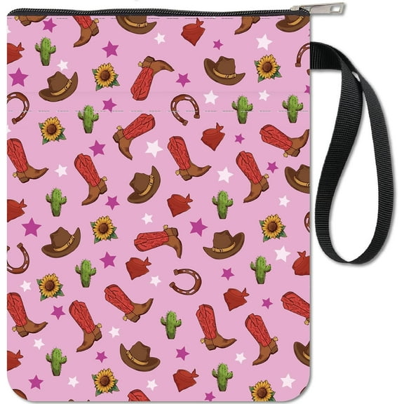 Cowboy Boots Book Sleeve Book Protector Pink Book Covers for Paperbacks Waterproof Fabric with Zipper Extra Sleeve Pocket Pouch Bag for Book Lovers Classmate Students Teacher Gifts DIY