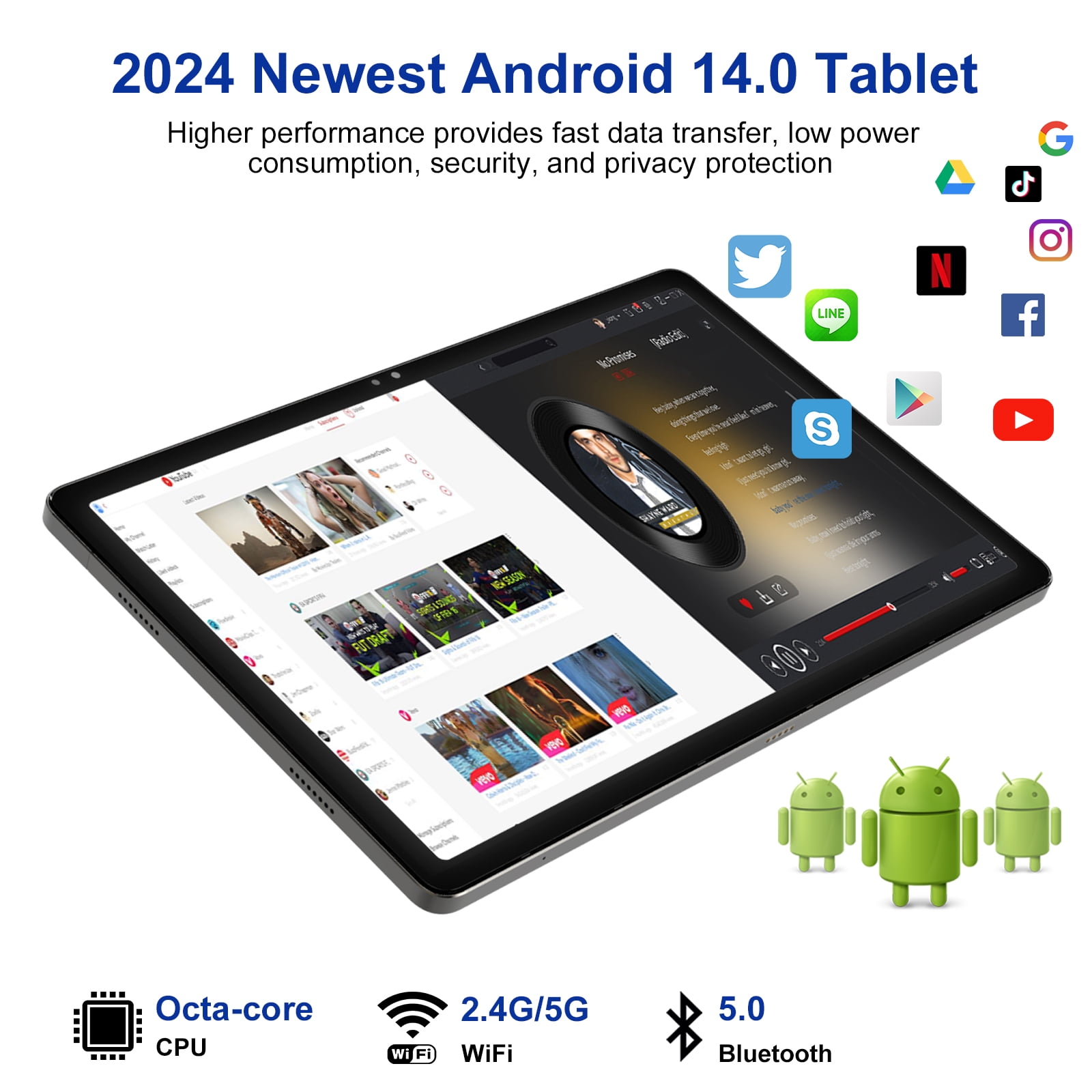 2026 Newest 11 inch Android 14 Tablet, 18GB RAM, 128GB ROM,2K Display, Octa-Core ,13MP+5MP+5MP Camera, Quad Stereo Speakers