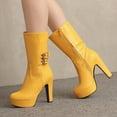thumbnail image 2 of Yellow Women Thick High-Heel Boots With Double Buckle Detail Great For Cool Weather And Stylish Occasions, 2 of 5