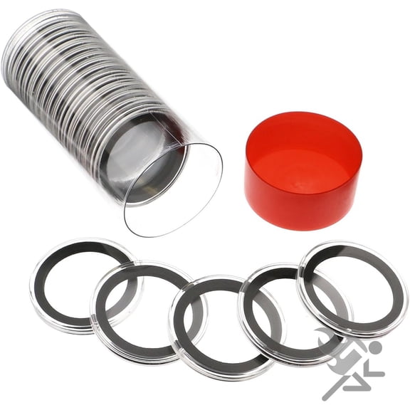 OnFireGuy Red Cap Tube & 20-Pack 38mm Black Ring Coin Holders for Silver Dollars | Protective Coin Cases for 1oz Silver Morgan Peace Eisenhower Dollars