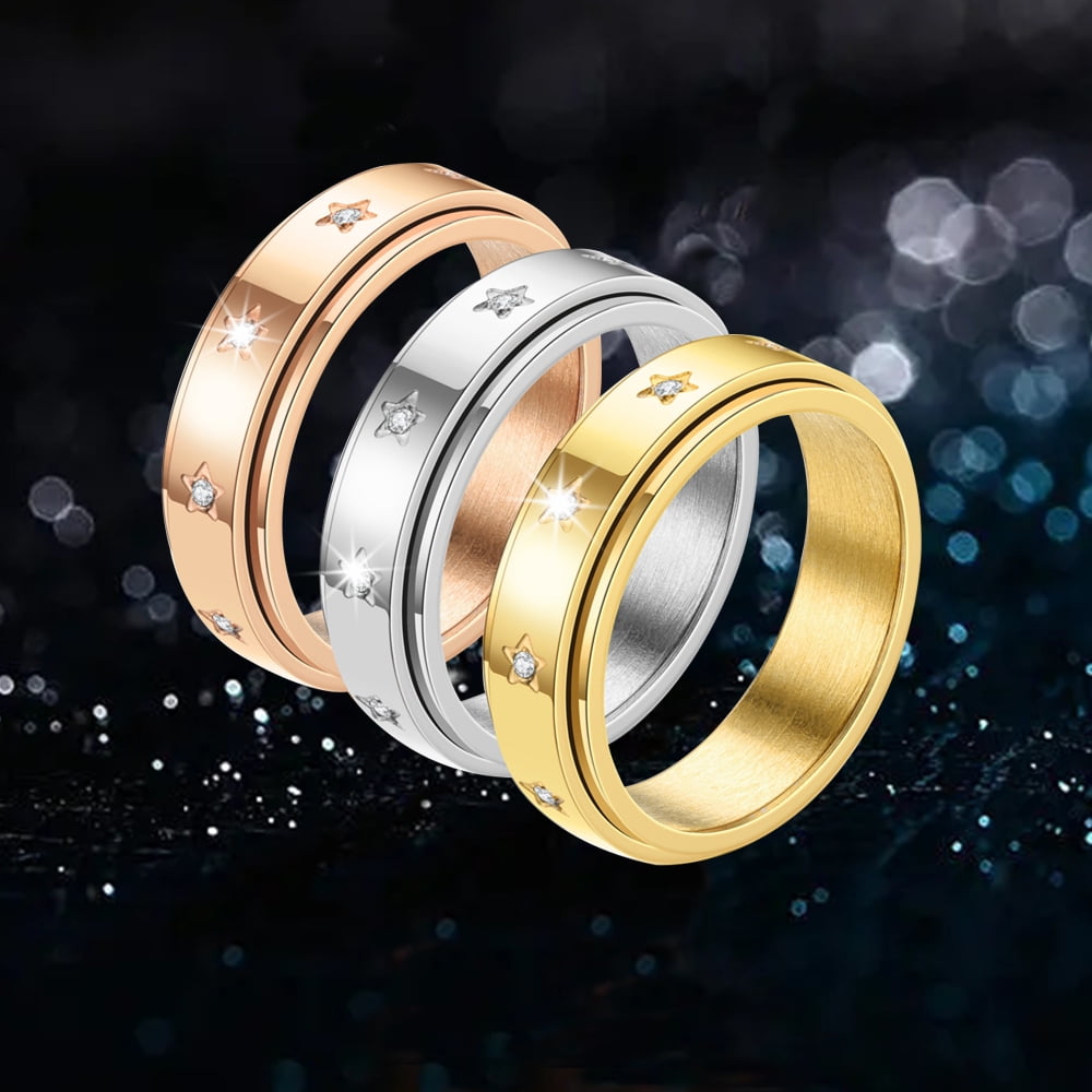 Anxiety Fidget Spinner Rings Korean 14K Yellow Gold Simple Zircon Star Rings for Women Men Anti Stress Jewelry