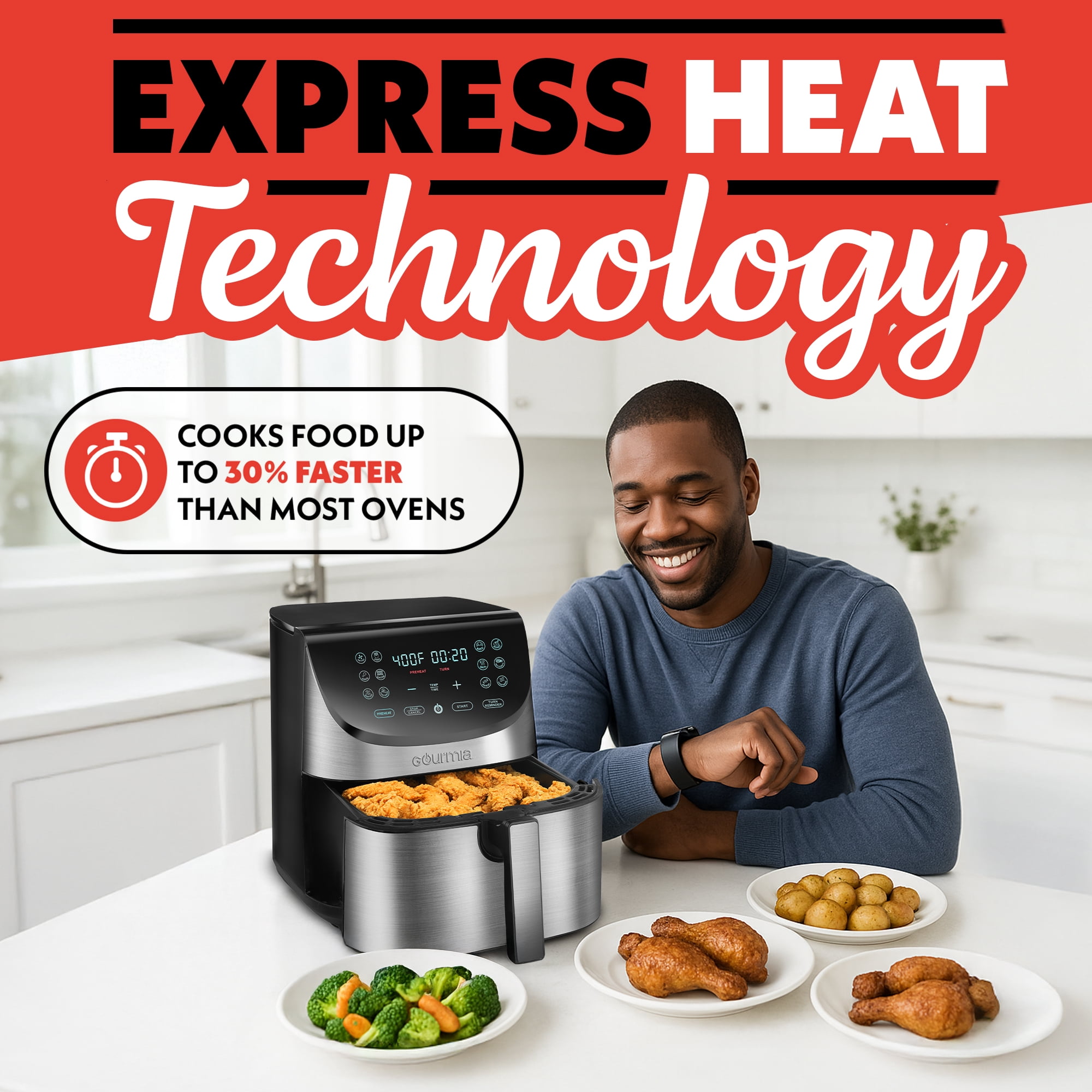 Gourmia 8 Qt Digital Air Fryer with 12-One Touch Presets, Stainless Steel, Black, 13 in, New