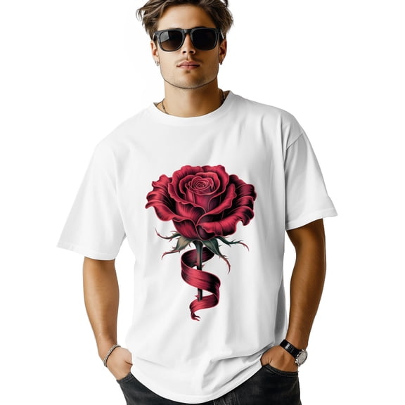 Men's T Shirts, Romantic Dark Red Ribbon Rose Floral T-Shirt for Men Crew Neck Tees Cotton Tops, White, XS