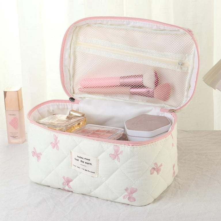 Bow Makeup Bag Organizer, Travel Makeup Bags for Women, Quilted