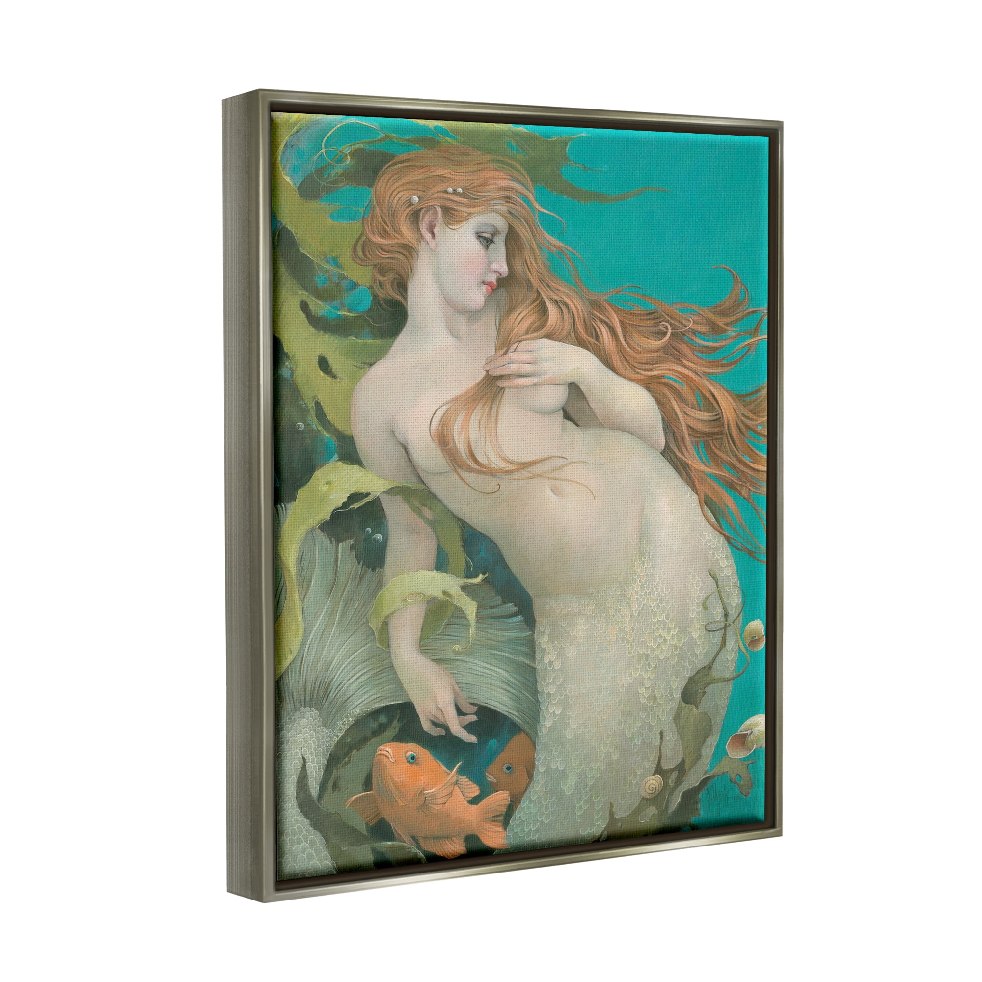 Stupell Industries Mermaid & Fish Underwater Fairy Tales & Fantasy Painting Gray Floater Framed Art Print Wall Art, 25 x 31